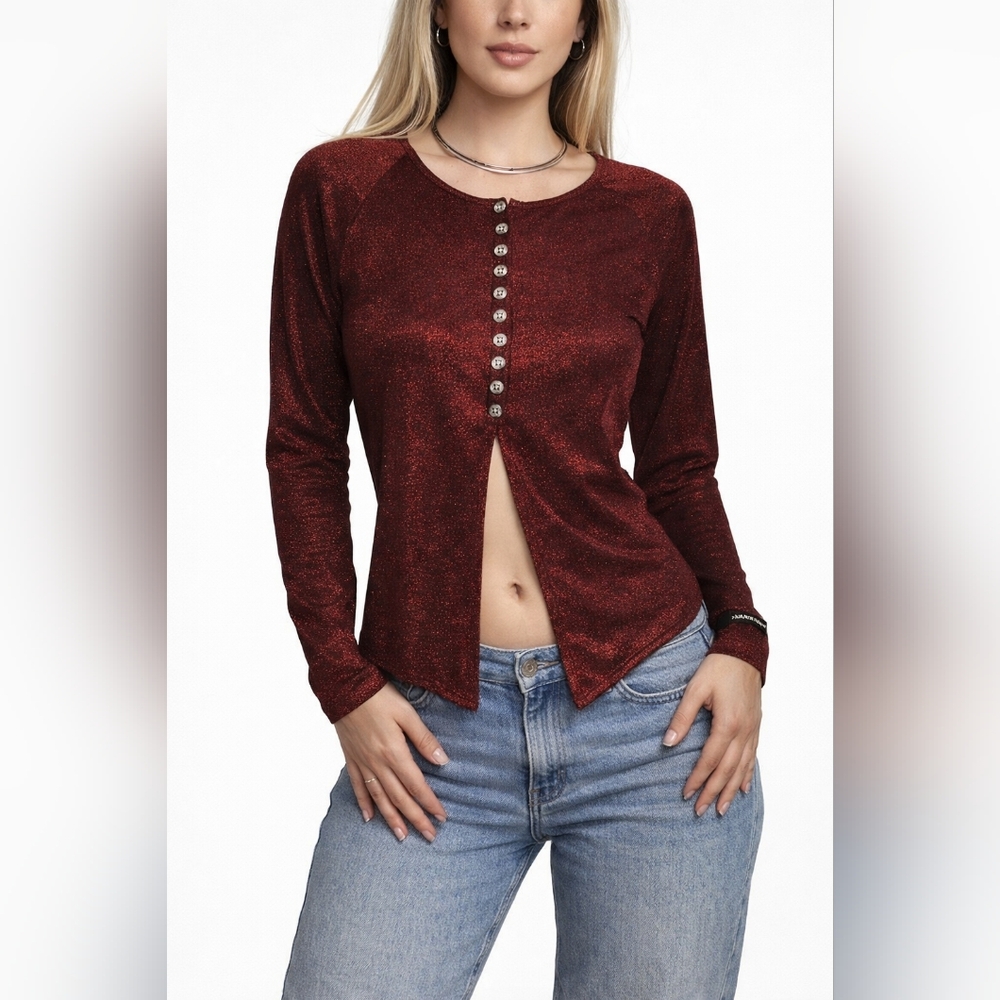 Harley-Davidson Womens Y2K Red Shimmer Button Front Slit Top Made USA Sz M